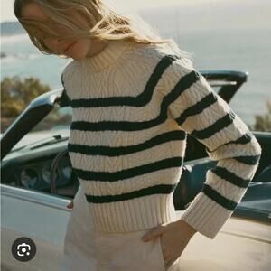 Doen Kavala Striped Wool Blend Fisherman Sweater Ivory Navy Small NWT